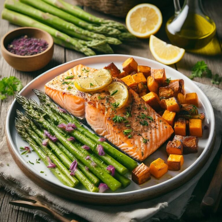 Grilled salmon with roasted sweet potatoes and steamed asparagus