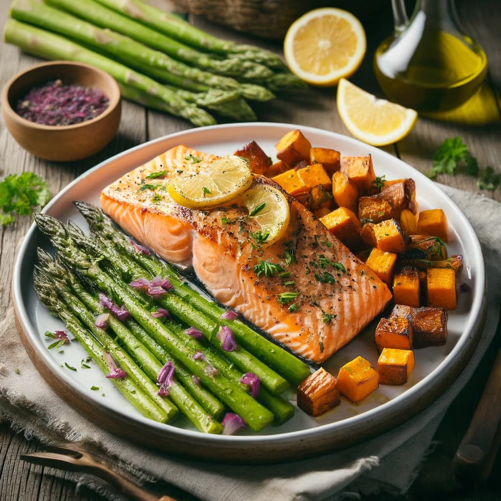 Salmón al Horno con Espárragos y Batatas